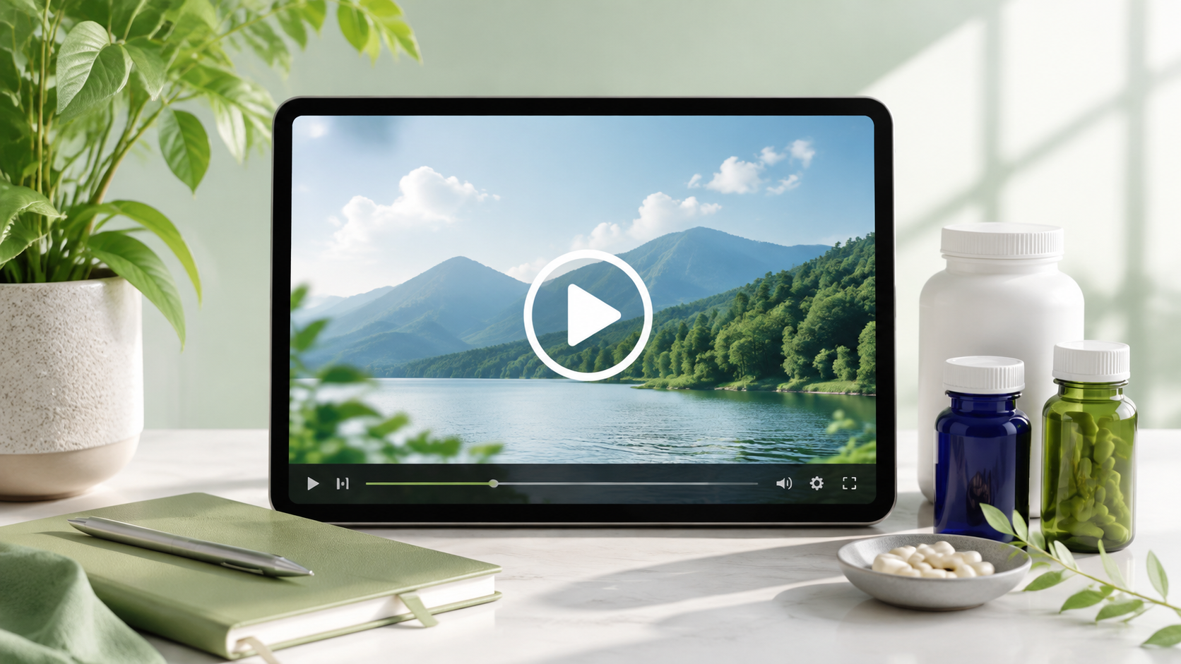 Video player on a tablet beside supplement reference notes