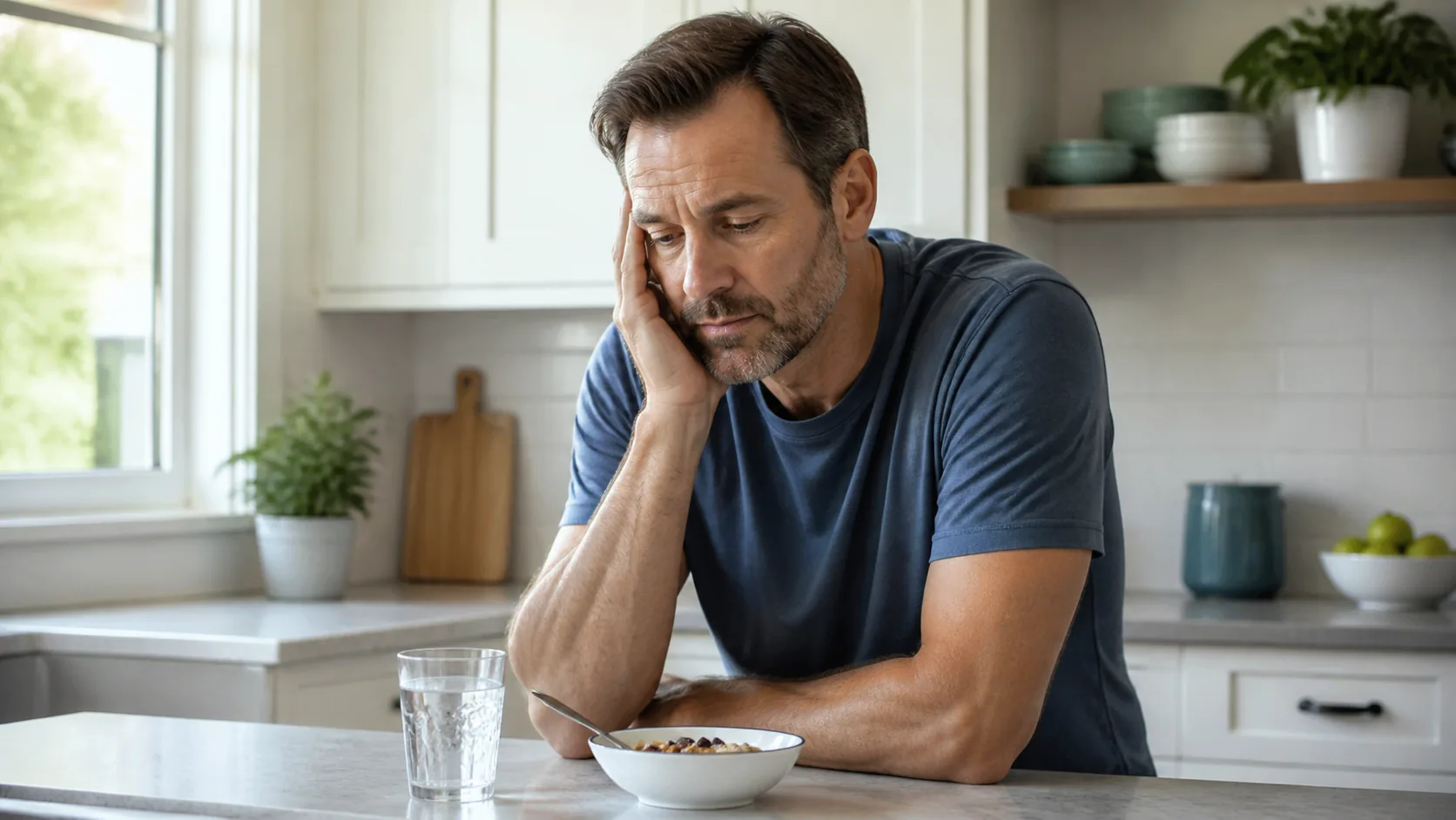 Middle-aged man feeling low energy at a morning table