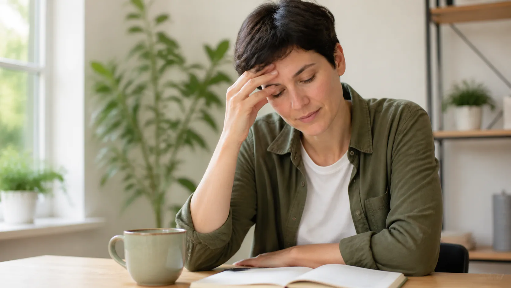 Adult at a desk comparing stress support options